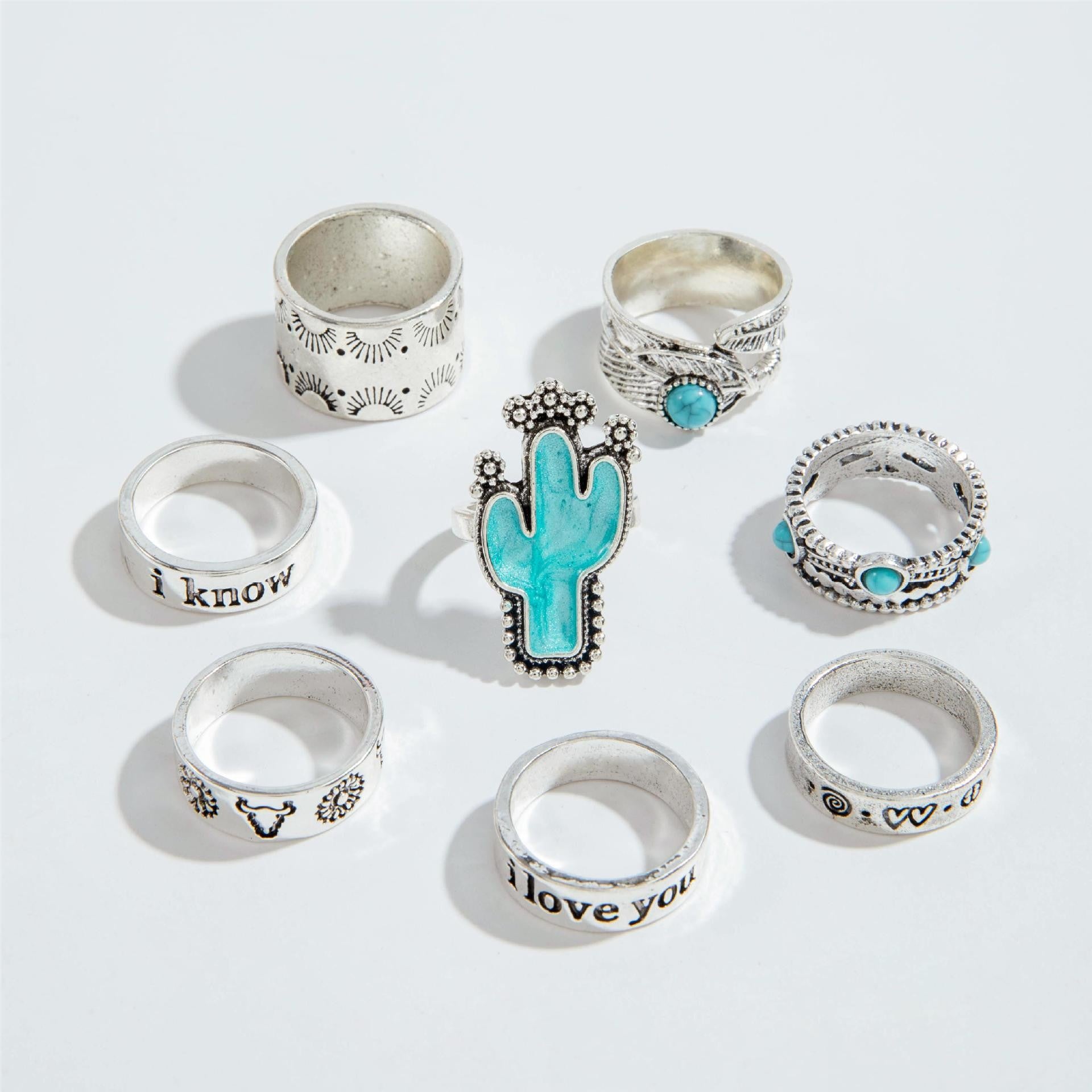 Wholesale new vintage ethnic style inlaid turquoise carved feather ring suit